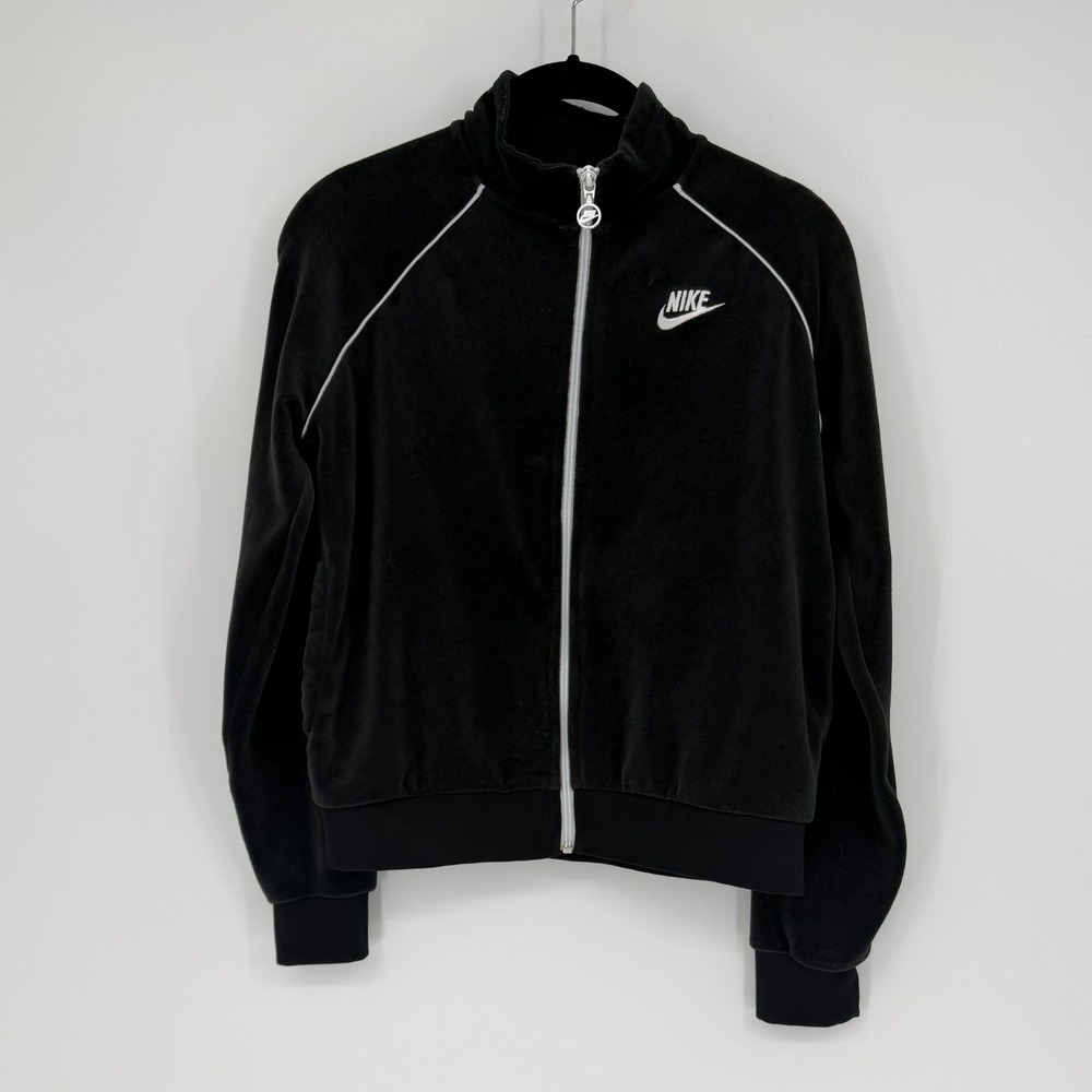 Nike Womens Velour Track Jacket Black White Piping Full Zip Sportswear Small